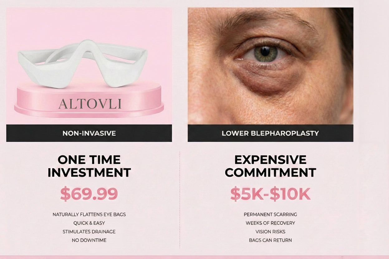 Advertisement comparing Altovli eye bag treatment to lower blepharoplasty with cost and side effect information.

